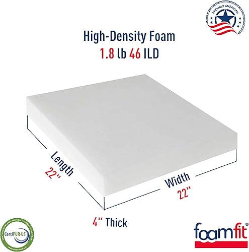 Miniatura 2 de FoamFit Espuma de tapicería de 4 pulgadas de grosor, 22 pulgadas de ancho, 22 pulgadas de largo, alta densidad, 1.8 libras, 46 ILD firme reemplazo
