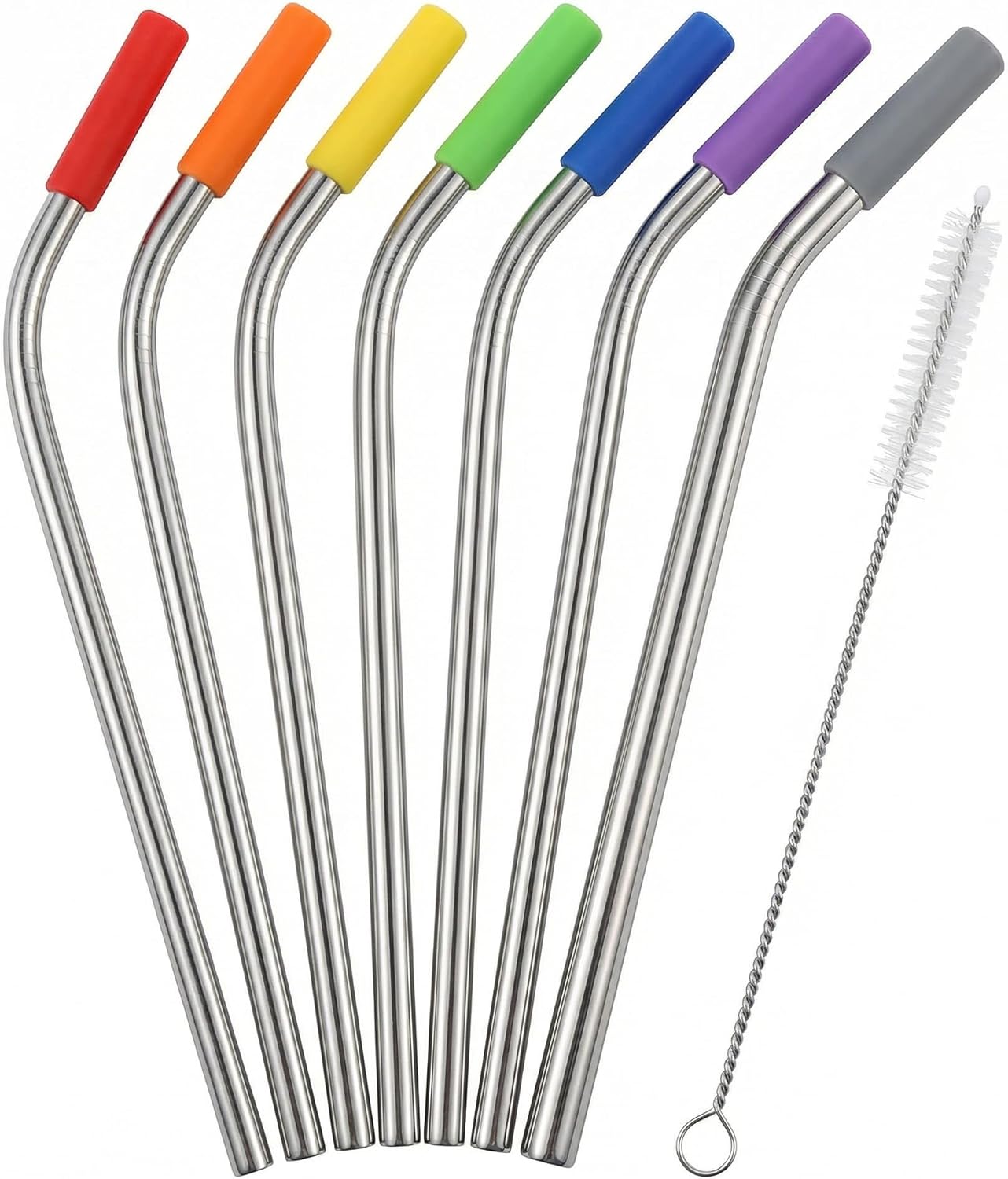 Comforso 7-Pack Reusable Stainless Steel Straws (11.4 Inch) with Curved Silicone Tips & Cleaning Brush – Extra Long Metal Straws, Specifically Designed for Tall Tumblers & Wide 30oz / 40oz Cups