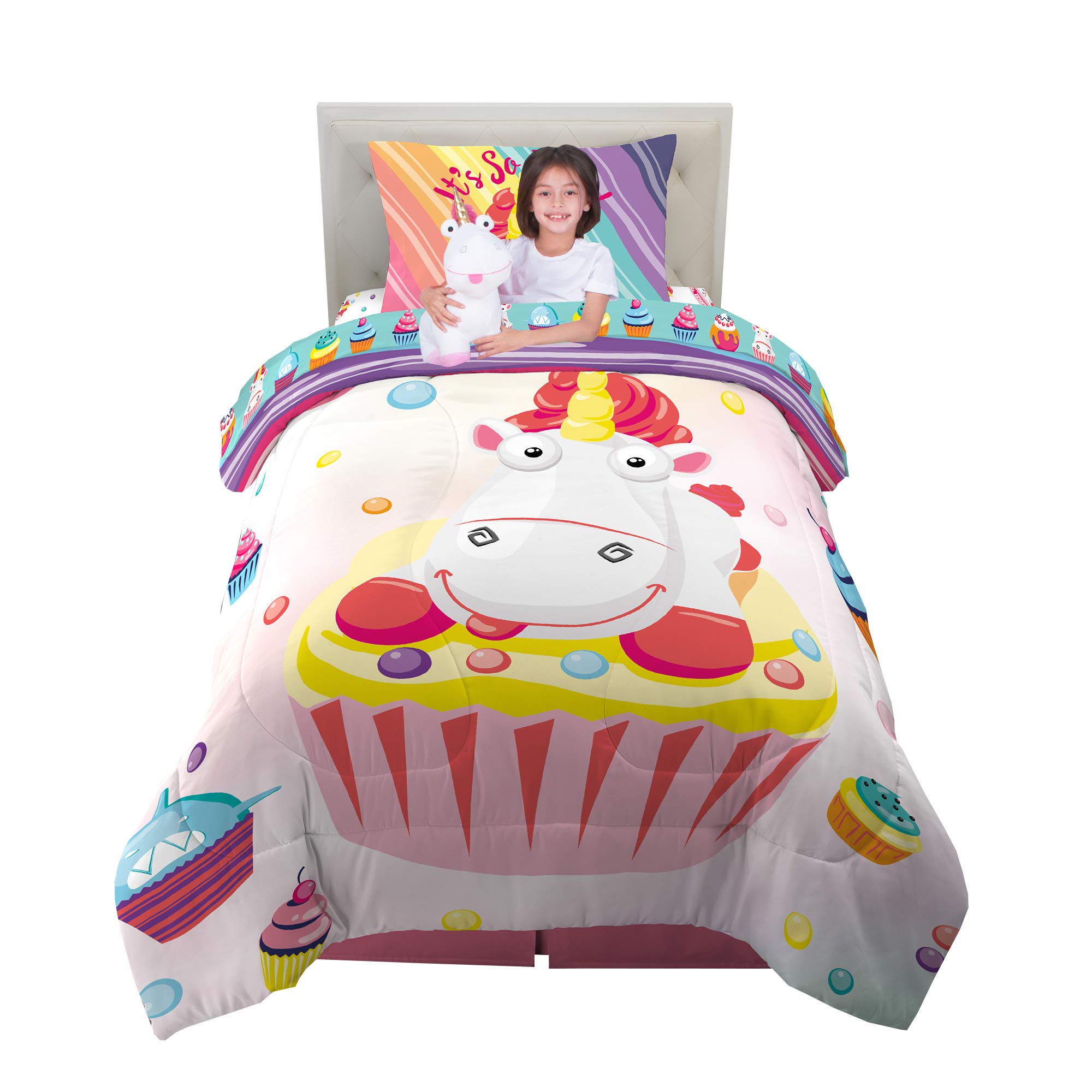 Franco Kids Bedding Comforter with Sheets and Cuddle Pillow Bedroom Set, 5 Piece Twin Size, Fluffy Unicorn
