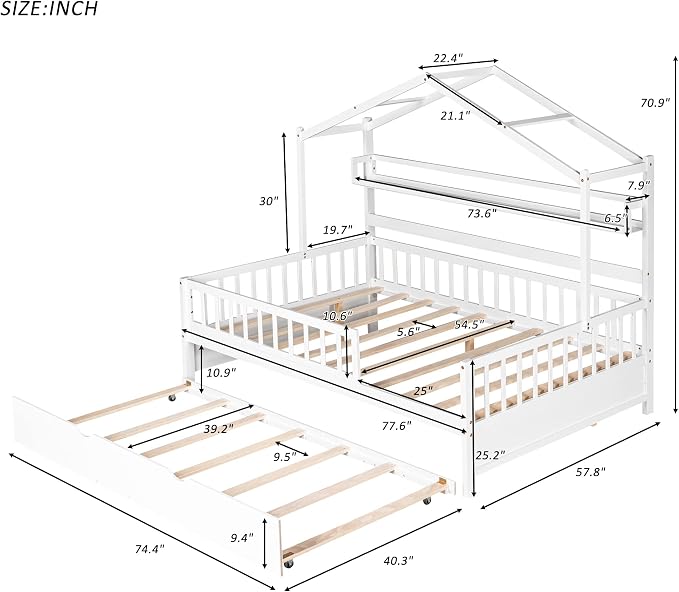 Cama de Casa de Madera de Tamaño Completo con Trundle y Estante,para niños y adolescentes,blanca miniatura 2