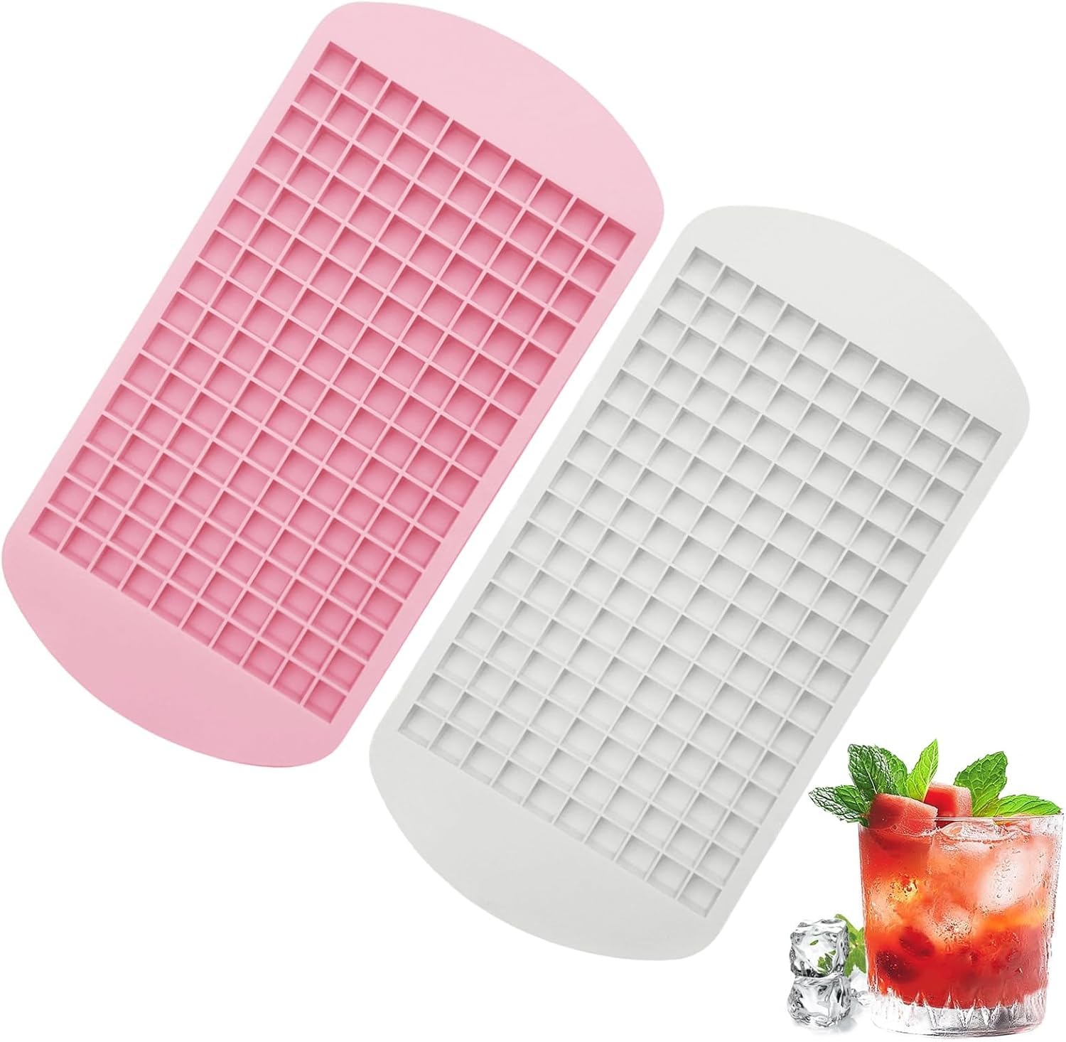 2 Pcs Mini Ice Cube Trays, 160 Grids Small Square Flexible Ice Cubes Molds, Food-Grade Ice Cube Mold for Freezer Baby Food, Whiskey, Cocktails, Milk and Juice (White + Pink)