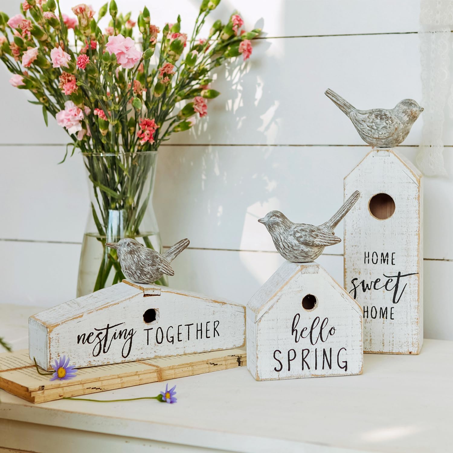 3 Pcs Birdhouse Shaped Wooden Table Decor with Bird Ornament, Rustic Farmhouse Spring Decor for Shelf Mantel Desk Decoration, Housewarming Gift, Hello Spring, Nest Together, Home Sweet Home