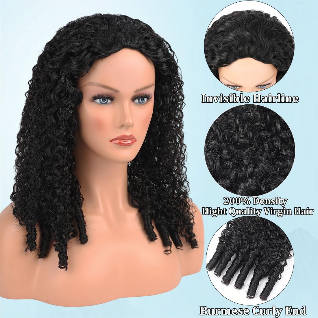 Amella Half Wig Human Hair Burmese Curly Wig for Women 200% Density 3 In 1 Seamless Flip Over Half Wigs Beginner Friendly Wear Go Drawstring Wig No Glue No Sew Natural Color & Easy Install（14inch）
