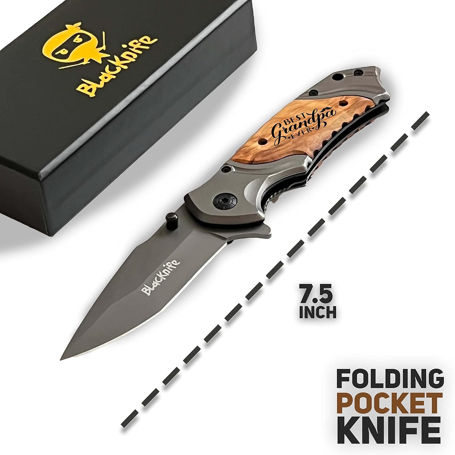 BlacKnife Folding Pocket Knife with Wooden Handle and Clip – Ideal Knife for Camping, Hunting, DIY, (Best Grandpa Ever)