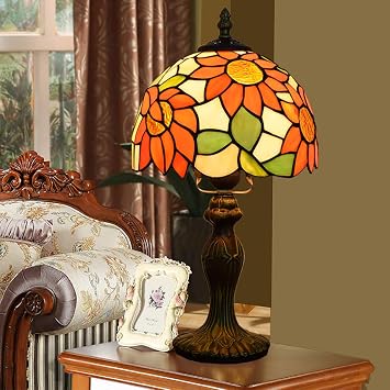 Tiffany Style Desk Lamp European Pastoral Orange Sun Flowers Handmade Glass Table Lamp Antique Aluminum Base Bedside Study E27