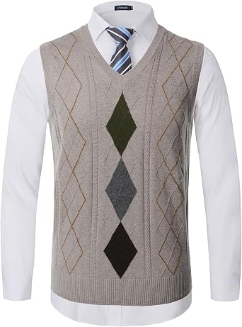 Mens Argyle Sweater Vests Wool Blended V Neck Sleeveless Pullover Vest Knitwear