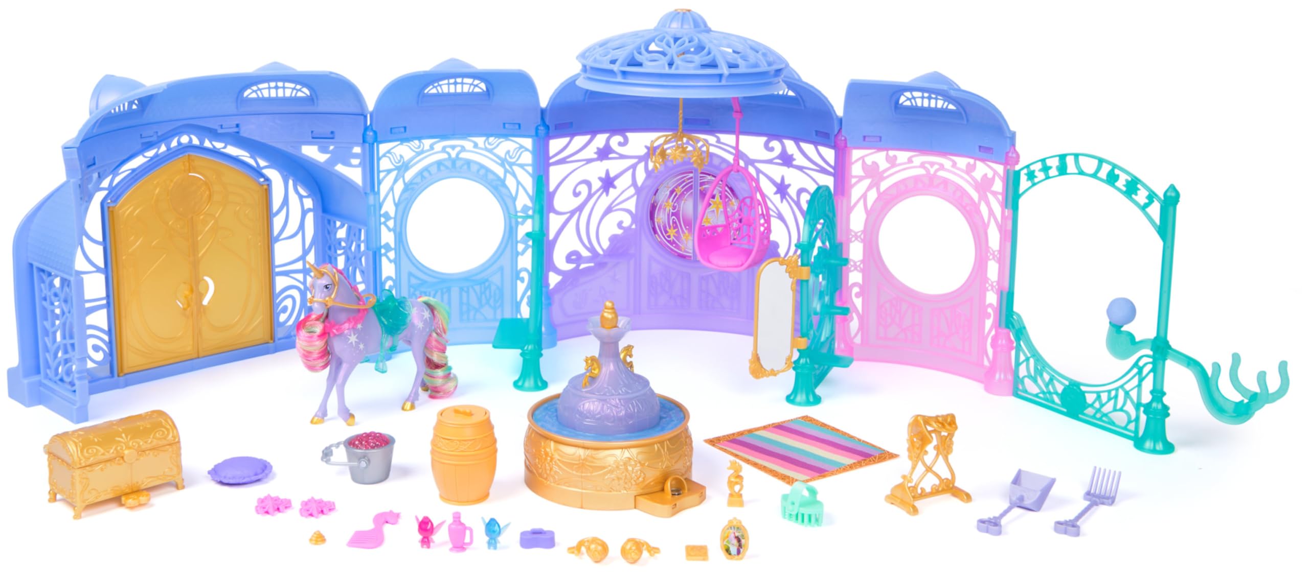 Unicorn Academy, Starglow Fountain & Stable Playset con Wildstar, luci e suoni, 24 accessori, bambole e unicorni giocattolo per bambine dai 4 anni in su
