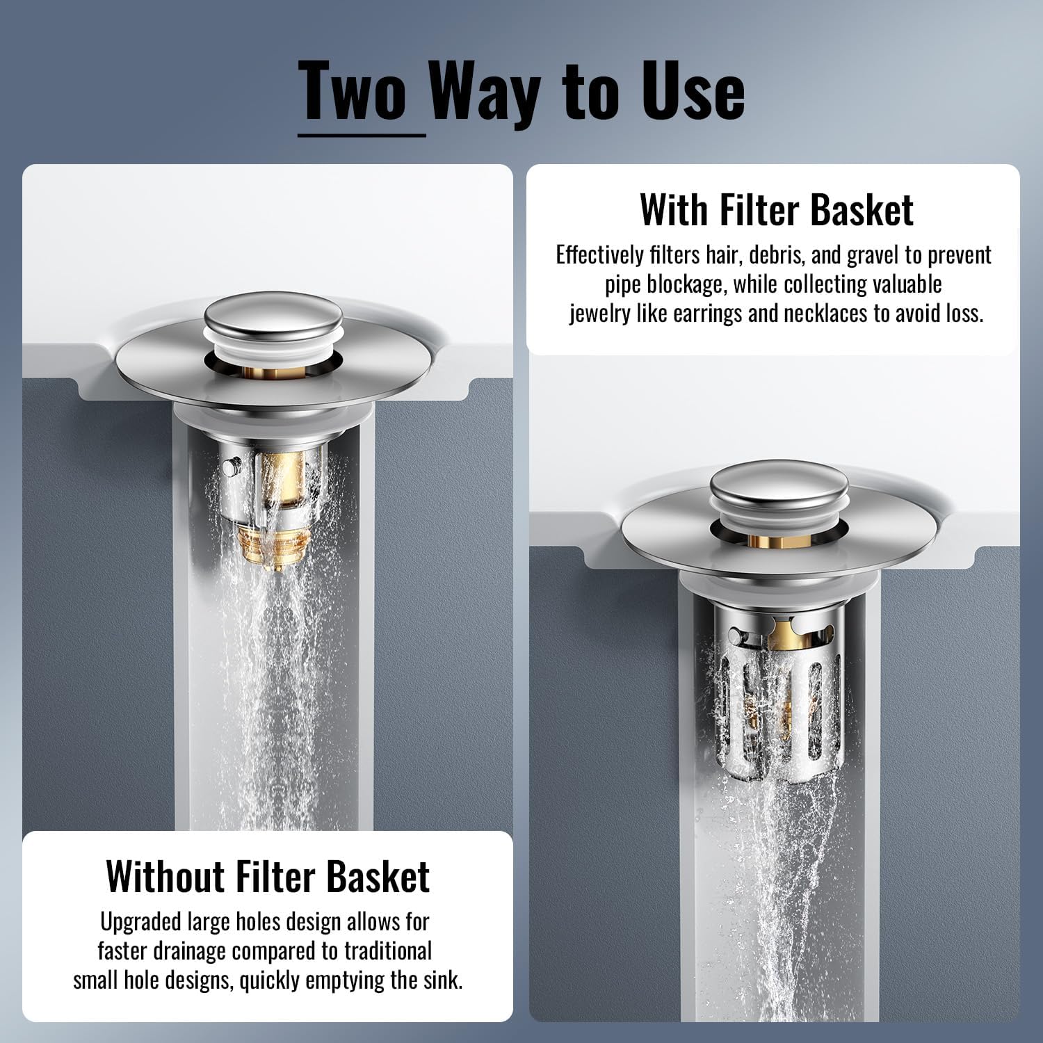 Heavy-Duty All-Metal Sink Stopper & Drain Strainer for Bathroom, Anti-Clog Anti Drain Flies/Smell Blocking/Easy Cleaning/2-Pack/Dual Drainage Modes/Pop-Up Design/Fits 1.1–2.36 Drain
