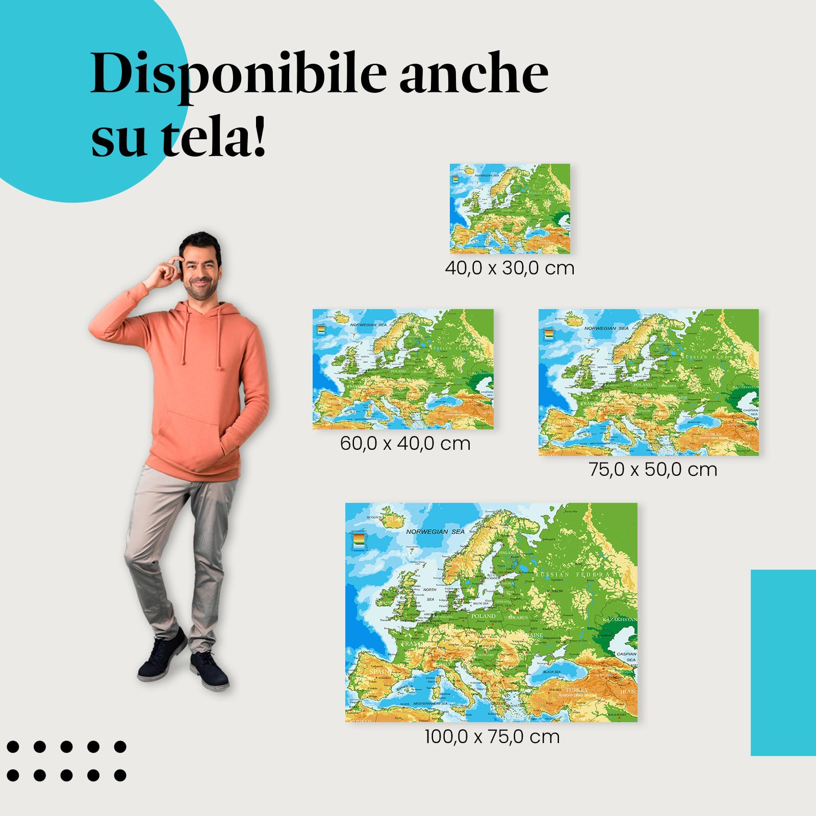 Postereck - 1031 - Mappa dell'Europa, paesi capitali inglese scritta - Decorazione Aula Scolastica, Materiale Didattico, Insegnamento, Lezione - Tela - 100,0 cm x 75,0 cm