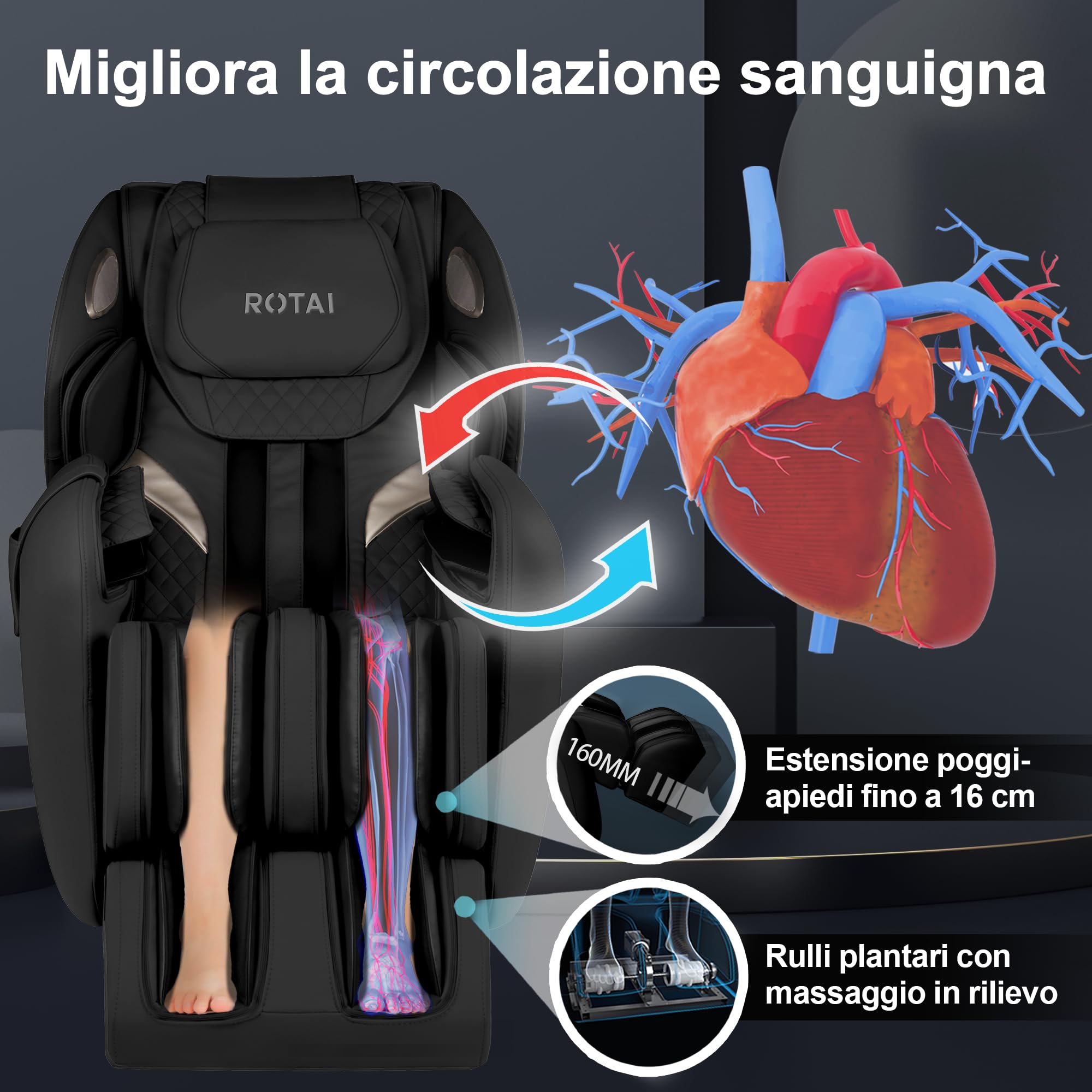 ROTAI ARONT Poltrona massaggiante 3D+ - 12 programmi professionali di massaggio e pressoterapia - Termoterapia - Tecnologia Gravità e Spazio Zero Suono 3D Bluetooth
