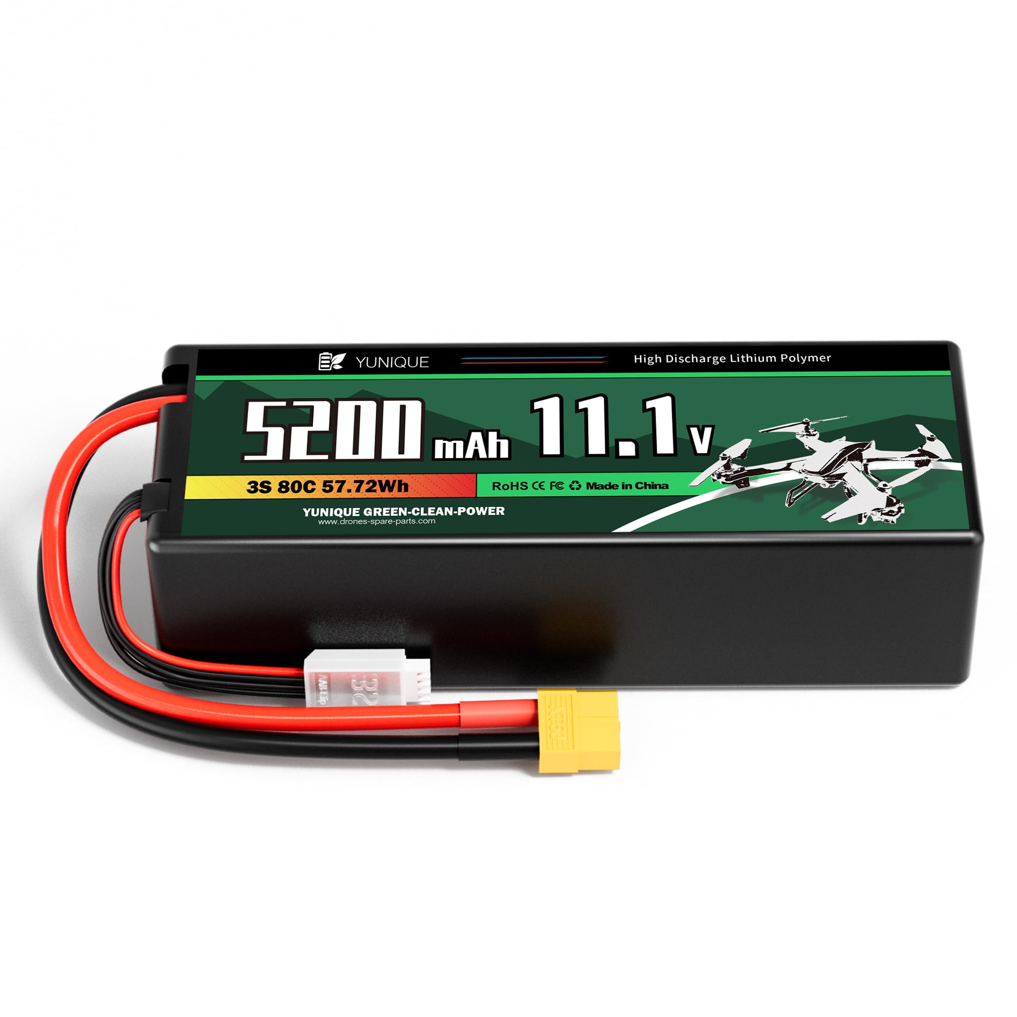 YUNIQUE GREEN-CLEAN-POWER Akumulator Lipo 3 ogniwa 11.1V 5200mAh 80C ze złączem XT60, kablem silikonowym i twardą skorupą - Wymiary 138 x 47 x 36 mm, waga 359g - Wysoka moc dla modeli RC