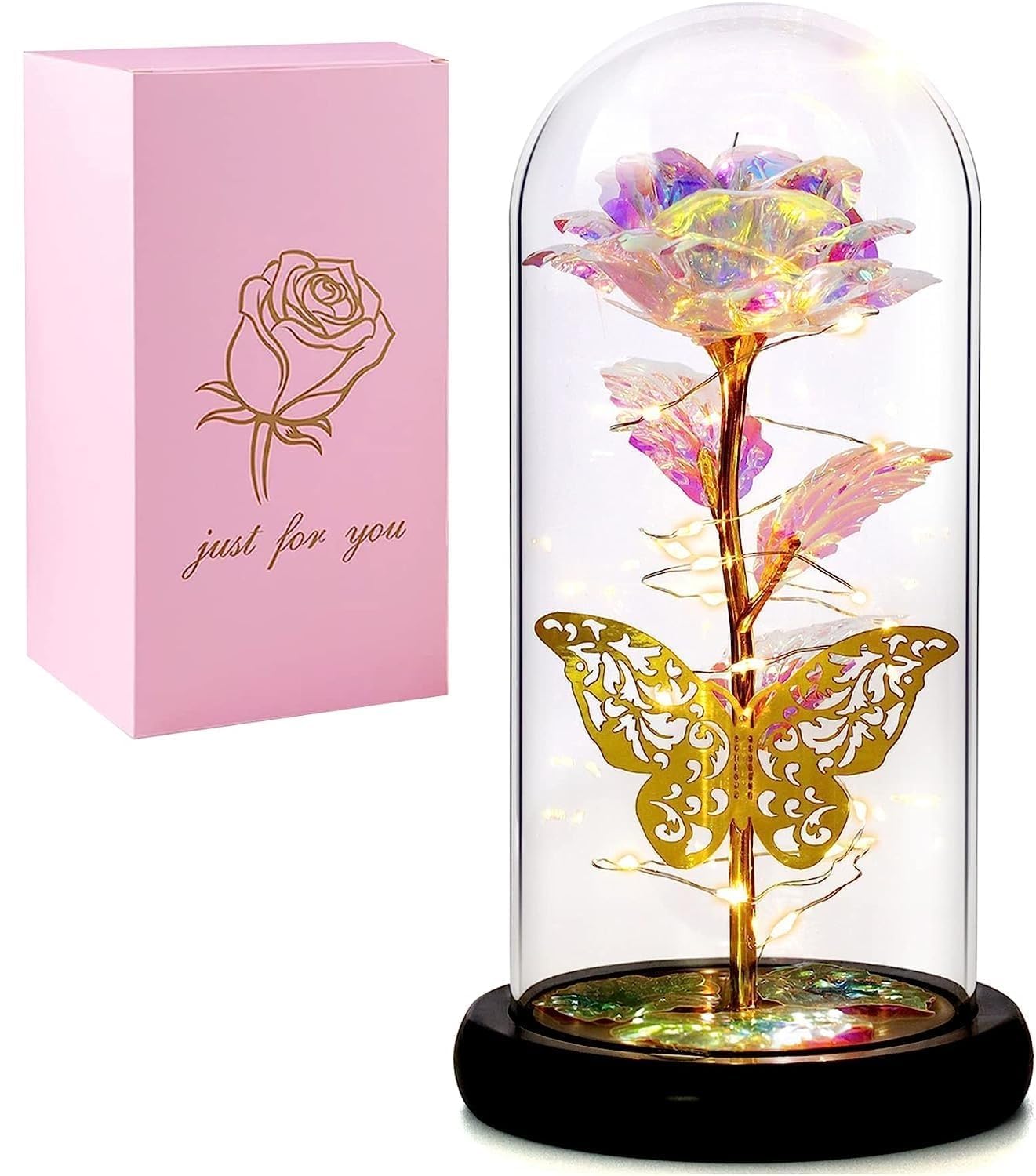 Artificial Colorful Flower Rose Gift Led Light On Galaxy Rose in Glass Dome Best Gifts for Mother Women Valentine's Day Wedding Anniversary and Birthday(Multicolor) (Butterfly Rose)-image-11