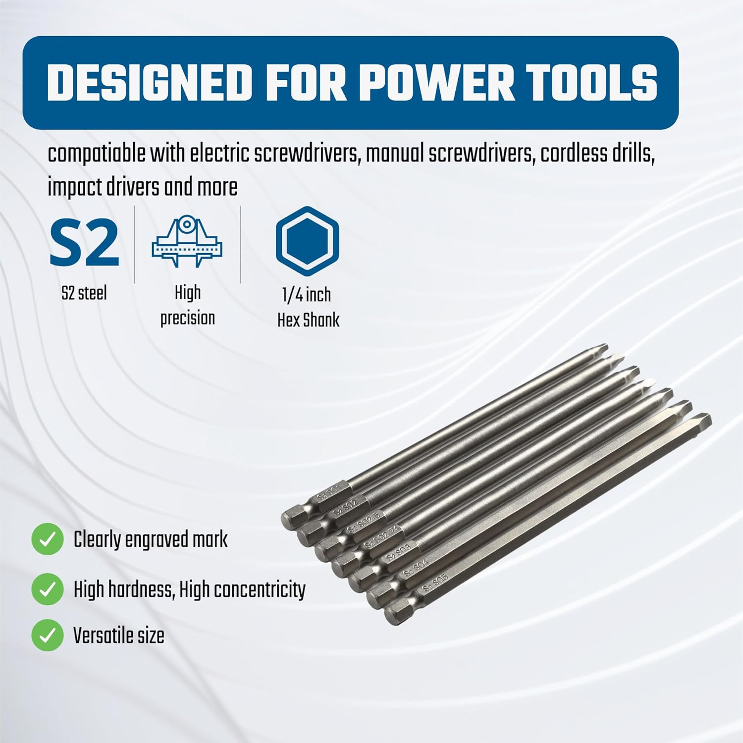 VESTTIO Square Head Screwdriver Bit Set 7PCS SQ1 SQ2 SQ2.5 SQ2.74 SQ3 SQ4 SQ5 1/4 Inch Hex Shank 6 Inch/150 mm S2 Steel with Magnetic for Power Screwdriver Drill Impact Driver