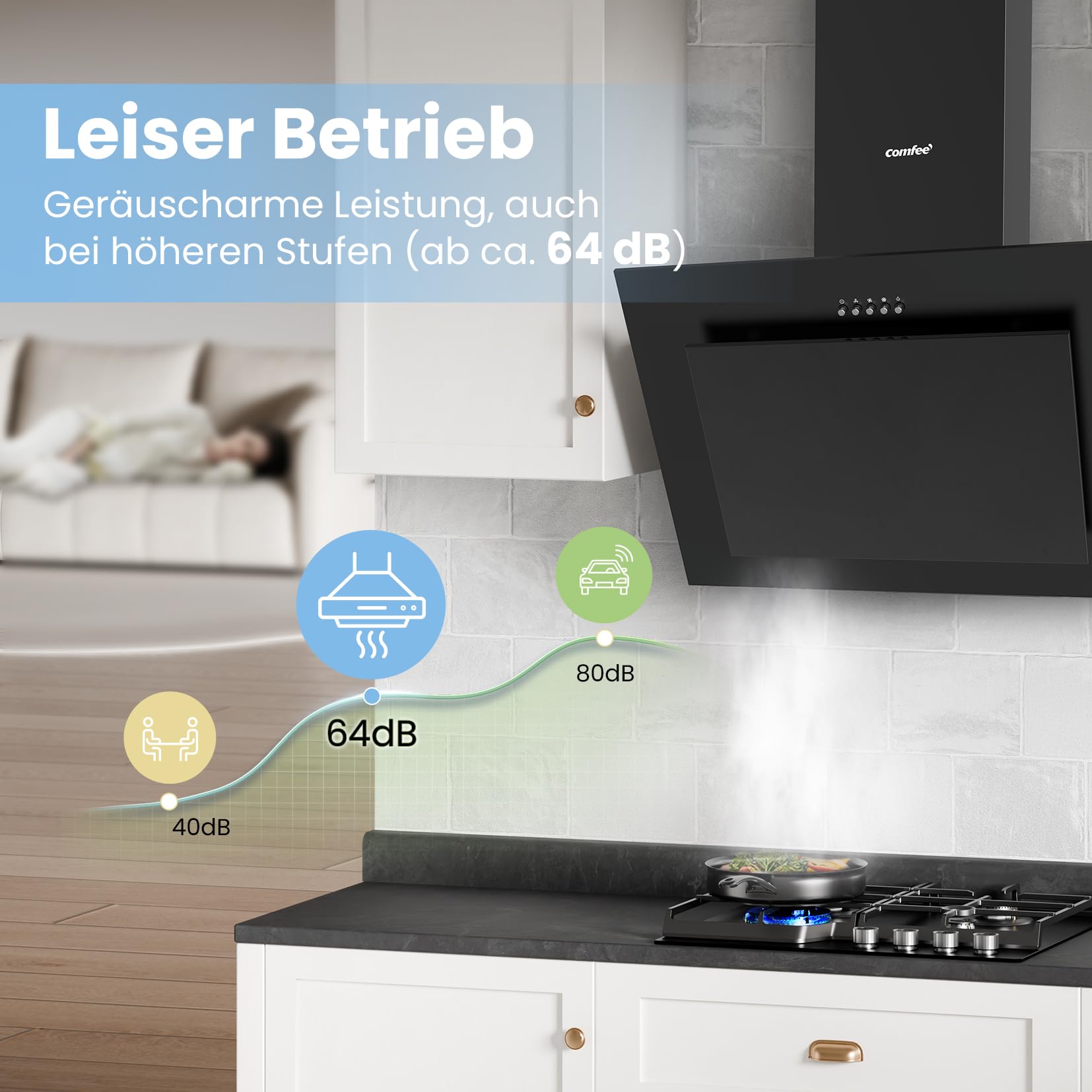 COMFEE' CH60J78EM4A2B Dunstabzugshaube 60cm A++, Kopffreihaube 380m³/h Umluft Abluft LED Aktivkohlefilter Schwarz