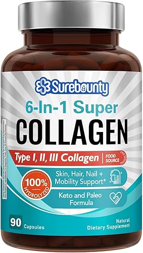 Miniatura 1 de Complejo de colágeno múltiple, tipo I, II, III, 6 en 1 súper colágeno con vitamina C, ácido hialurónico, biotina, cúrcuma, pimienta negra, ceto, 90