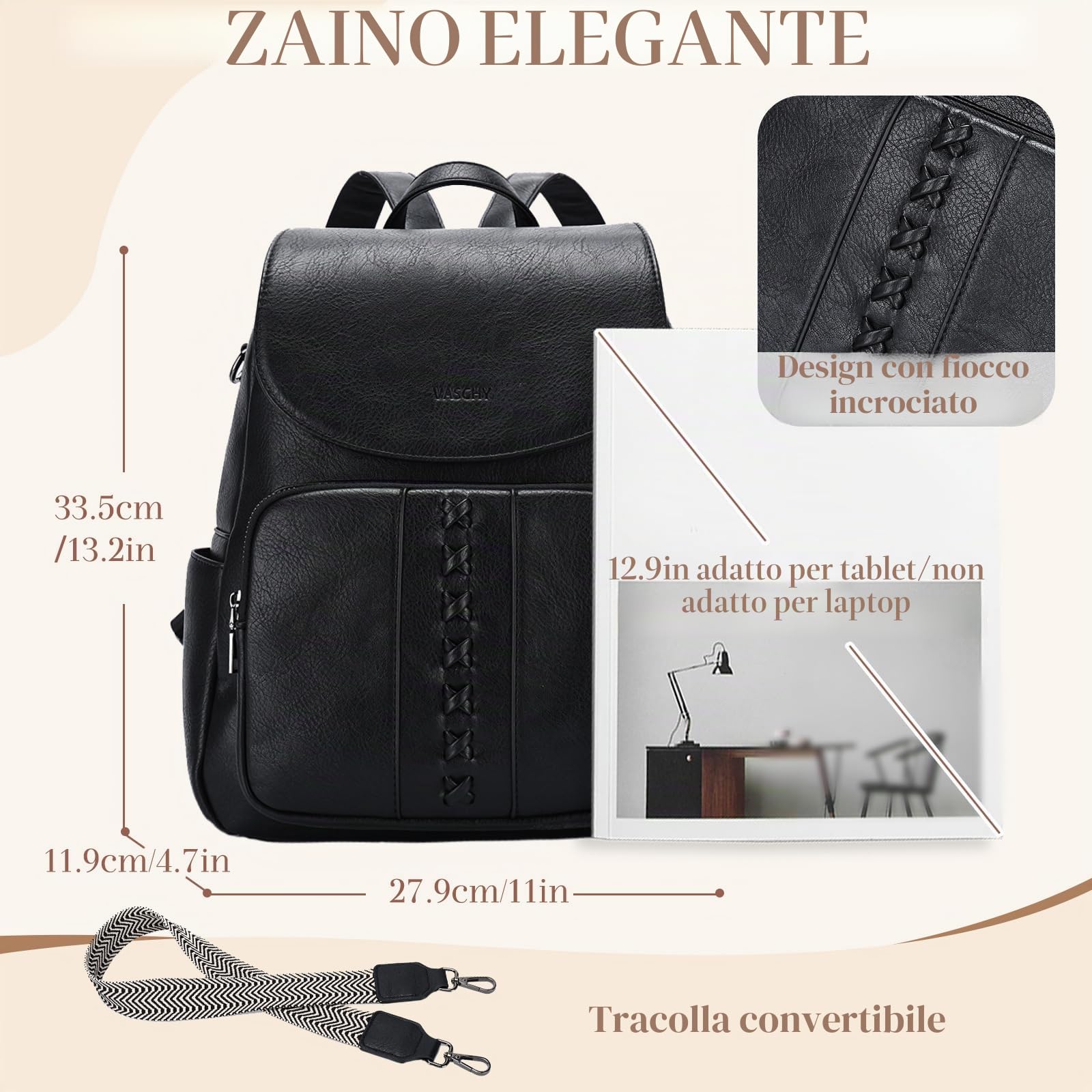 VASCHY Zaino Pelle Donna,Zainetto Donna Elegante Borsa Zaino Lavoro Zaini Antifurto Vintage con Tracolla/Scuola/Viaggio