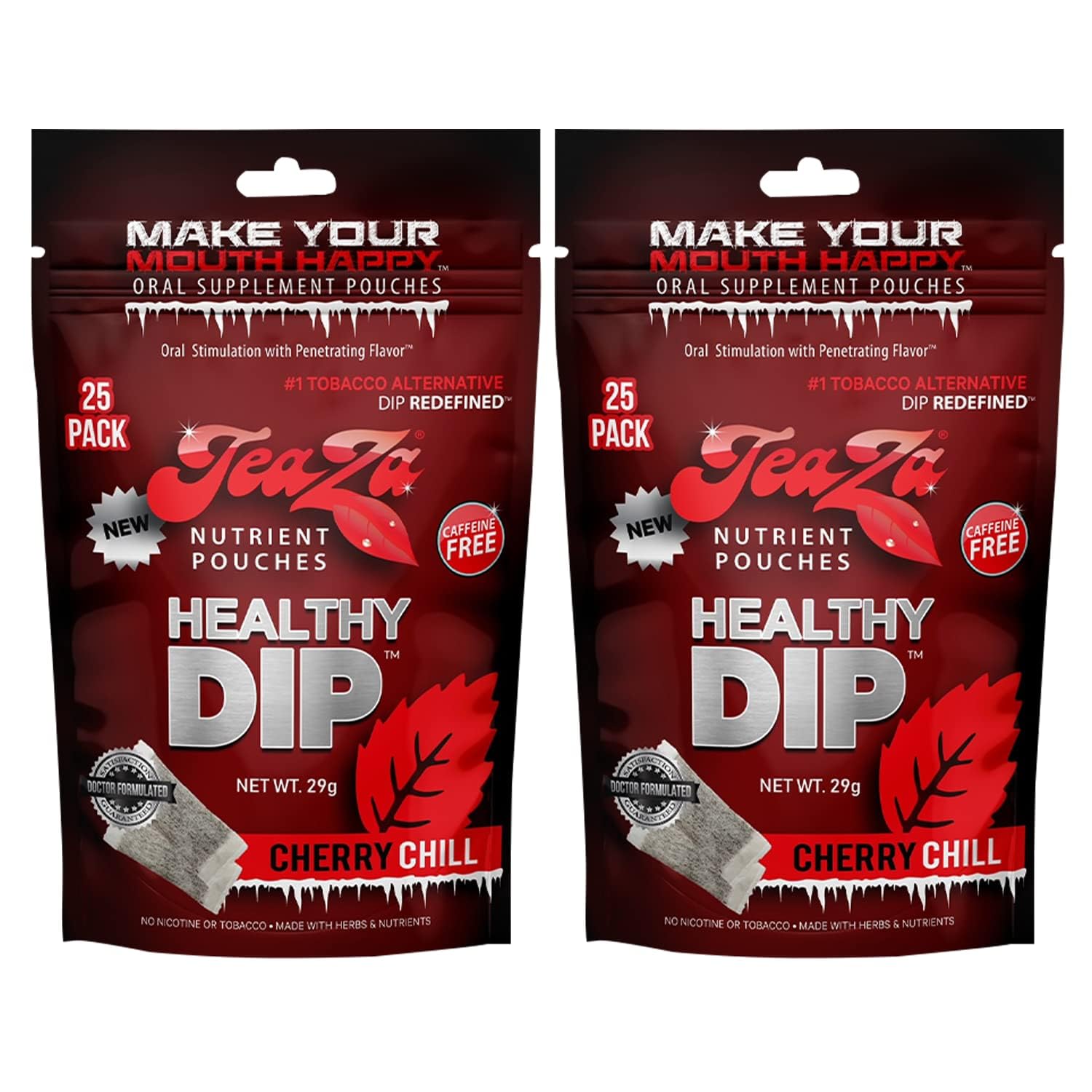 Teaza Herbal Energy Pouches, Tobacco Alternative Nicotine Free, Smokeless Alternative Snuff and Healthy Dip, Tobacco Free Chew Premium Flavored | Cherry Chill | 2 x 25 Pouch Pack