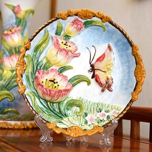 Miniatura 2 de Ceramic Collections - Plato decorativo de flores de tulipanes y mariposas pintadas a mano en 3D con soporte de exhibición, 8 pulgadas
