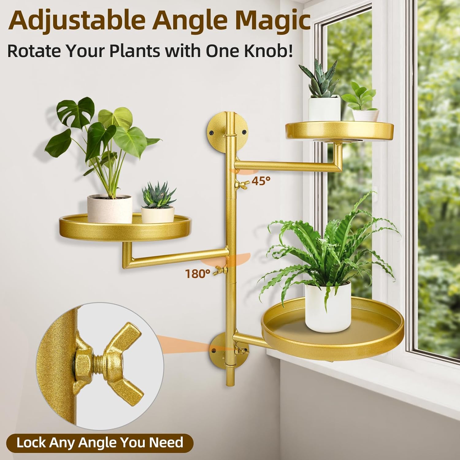 Rotating Window Plant Shelves with Adjustable Knobs, 3 Tiers Metal Wall Shelf for Plants Indoor, Sturdy Hanging Plant Holder, Window Wall Decor & Gardening Gifts (Golden) 3-Tier-Golden