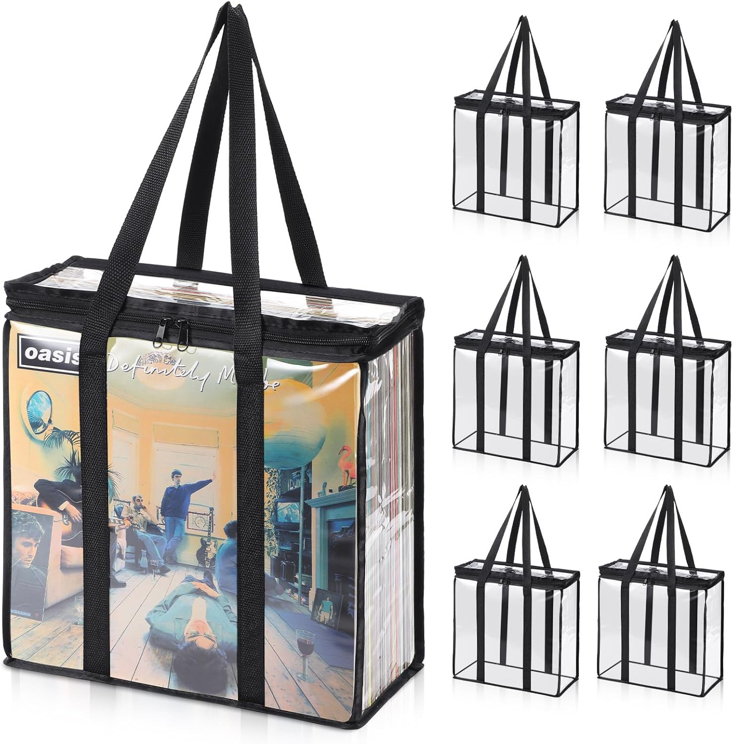 Facmogu 33 RPM Vinyl Record Storage Case, Clear PVC Vinyl Carrying Bag Holds About 220 Albums In Total, Waterproof Dustproof PVC Record Storage Case Bag Organizers with Two Way Zipper Closure - 6 Pack