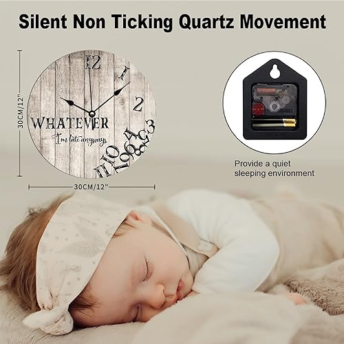 Miniatura 2 de Reloj de pared con texto en inglés Whatever I'm Late Anyways para pared, rústico, envejecido, de grano de madera blanca, PVC, silencioso, sin