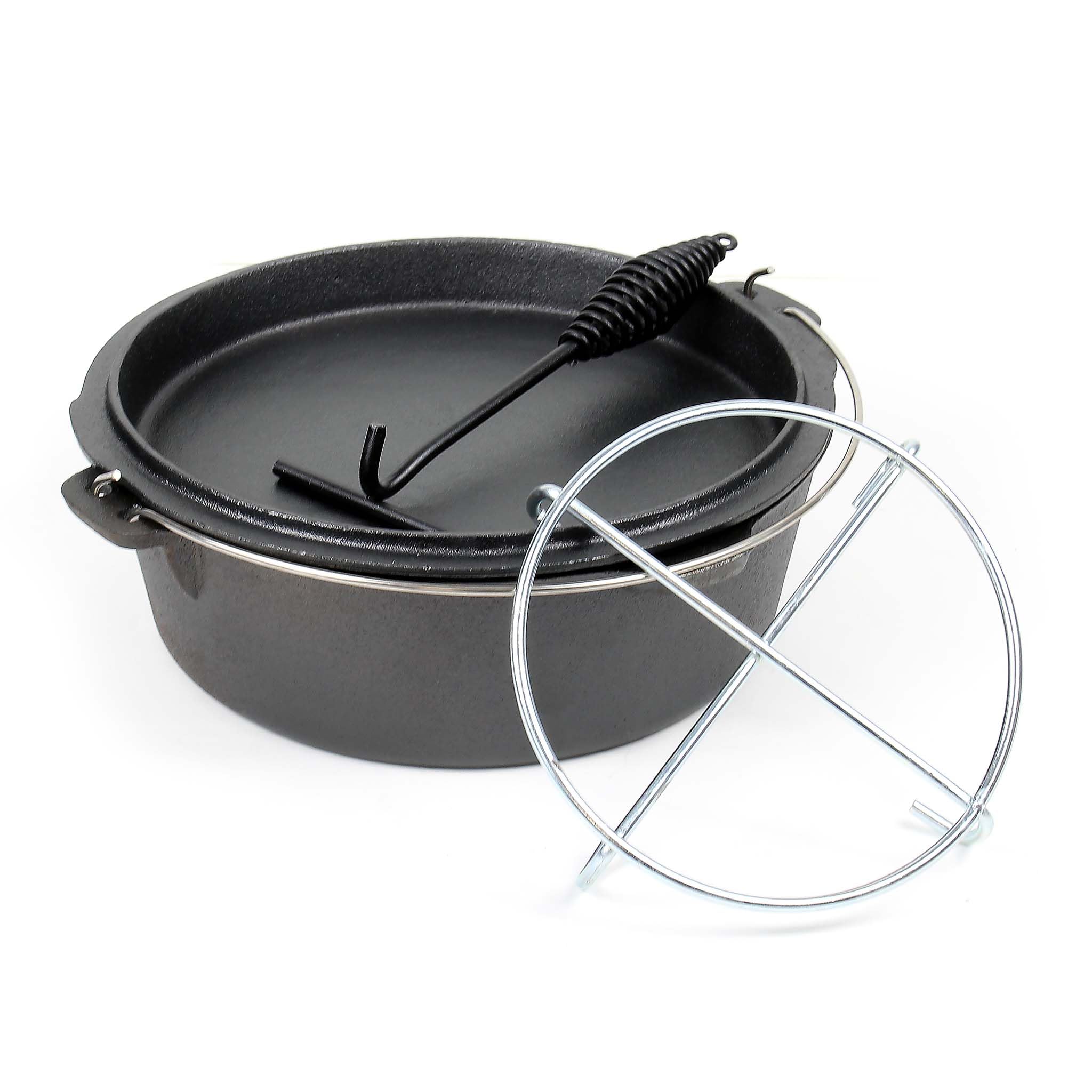 Wiltec Dutch Oven Marmite 8L Fonte Dessous-plat Lève-couvercle Pied de support Fait-tout Pot Cocotte Camping Barbecue Grillade