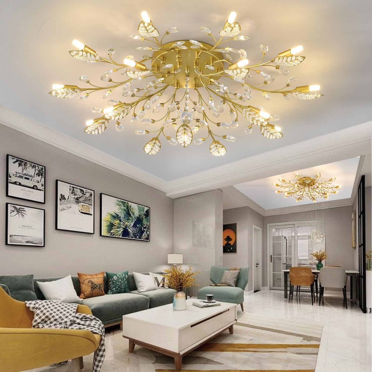 Crystal Ceiling Light Fixture Gold Leaves Semi Flush Mount Ceiling Lights,Kitchen Lighting Fixtures Ceiling for Bedroom Living Room Dining Room Hallway