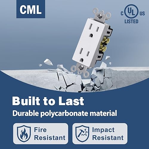 Vista 3 de CML - 20 tomacorrientes de pared color blanco mate de 15 amperios, seguros para niños, resistentes a manipulaciones, enchufes eléctricos estándar