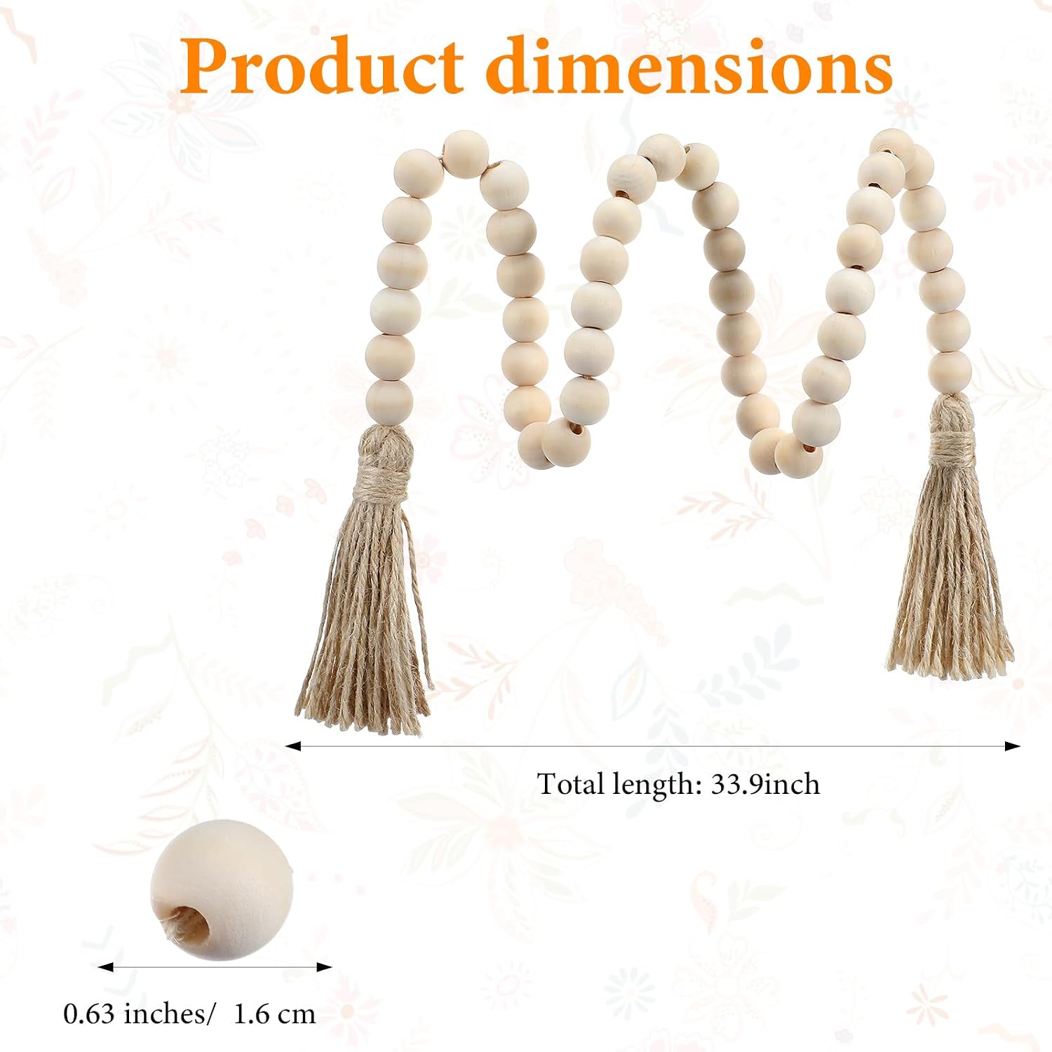 Decorative Beads Home Decor Boho Wood Garland with Tassels Farmhouse Wall Hanging Decorations Natural Wooden Tassel Decorative Room Hanging for Coffee Table Christmas and Prayer(Wood Color, 50inch)