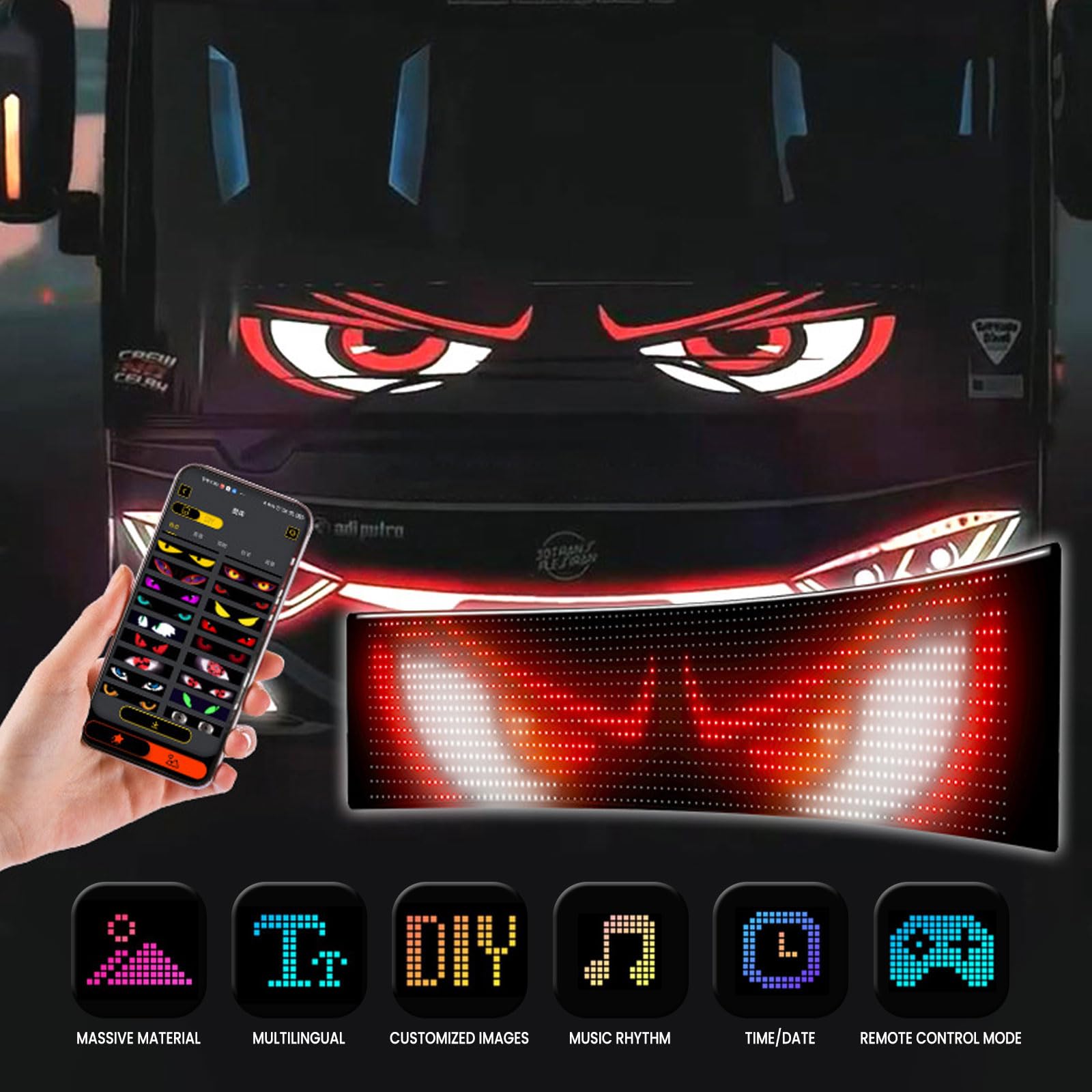 WLOSDMW Devil Eyes Light For Cars,Programmable Sign For Car,Led Matrix Panel,Flexible Digital Display,With Remote Control, Mobile Phone App Operation, Waterproof, Suitable For Various Scenes