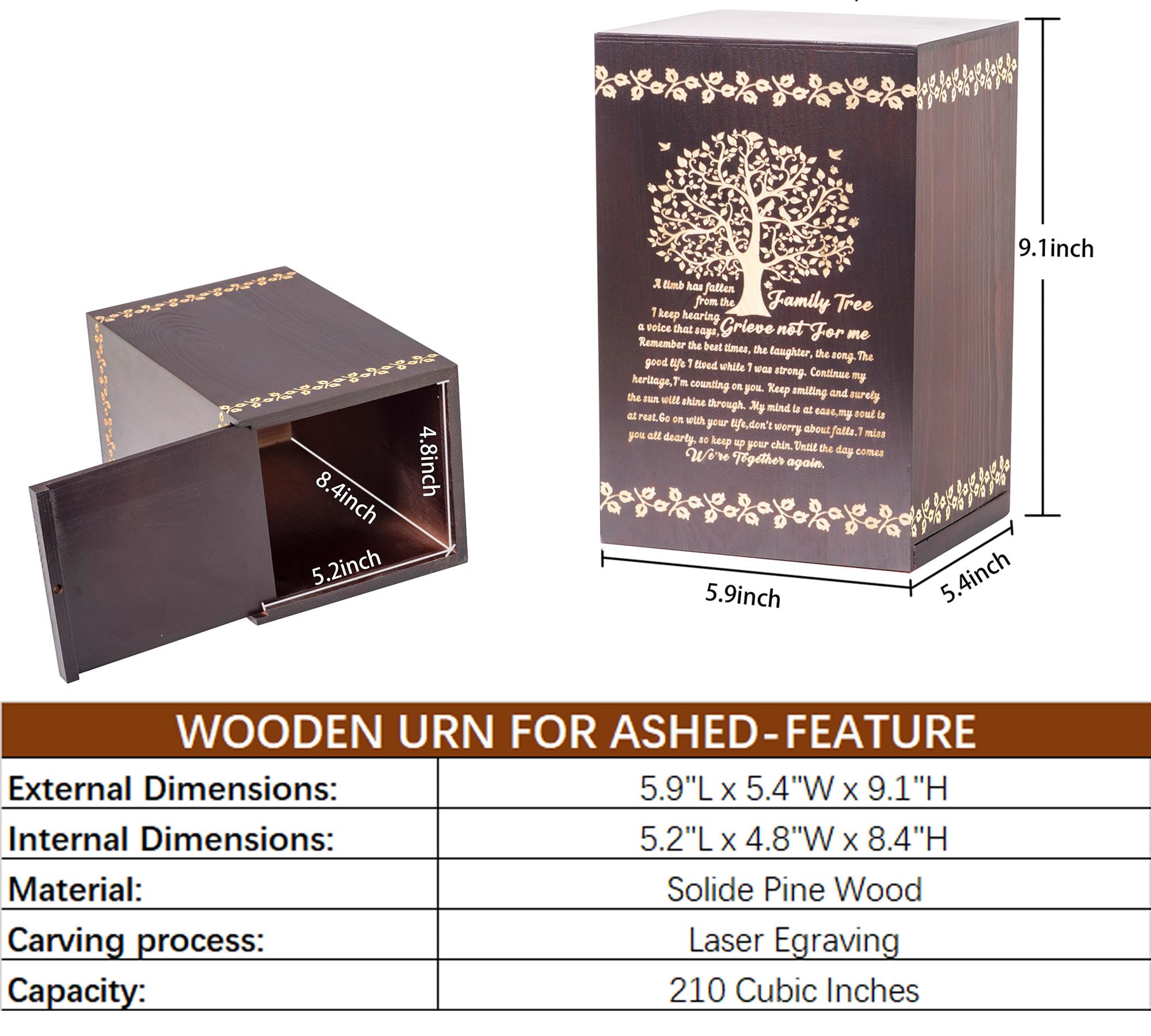 Cremation Urns for Ashes Wooden Urn Memorial Urn for Human Ashes Adult Male Female Large Burial Funeral Wood Urns Keepsake Tree of Life Urn Box and Casket Holds Up to 220 LBS (Vertical Style 3)