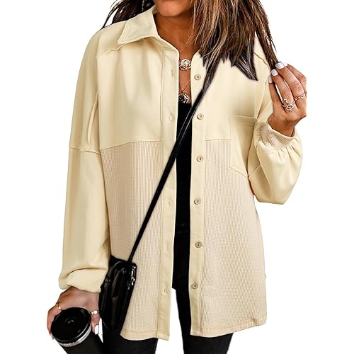 SHEWIN Womens Waffle Knit Shacket Fall Fashion Button Down Shirt Jacket Loose Fit Long Sleeve Tops