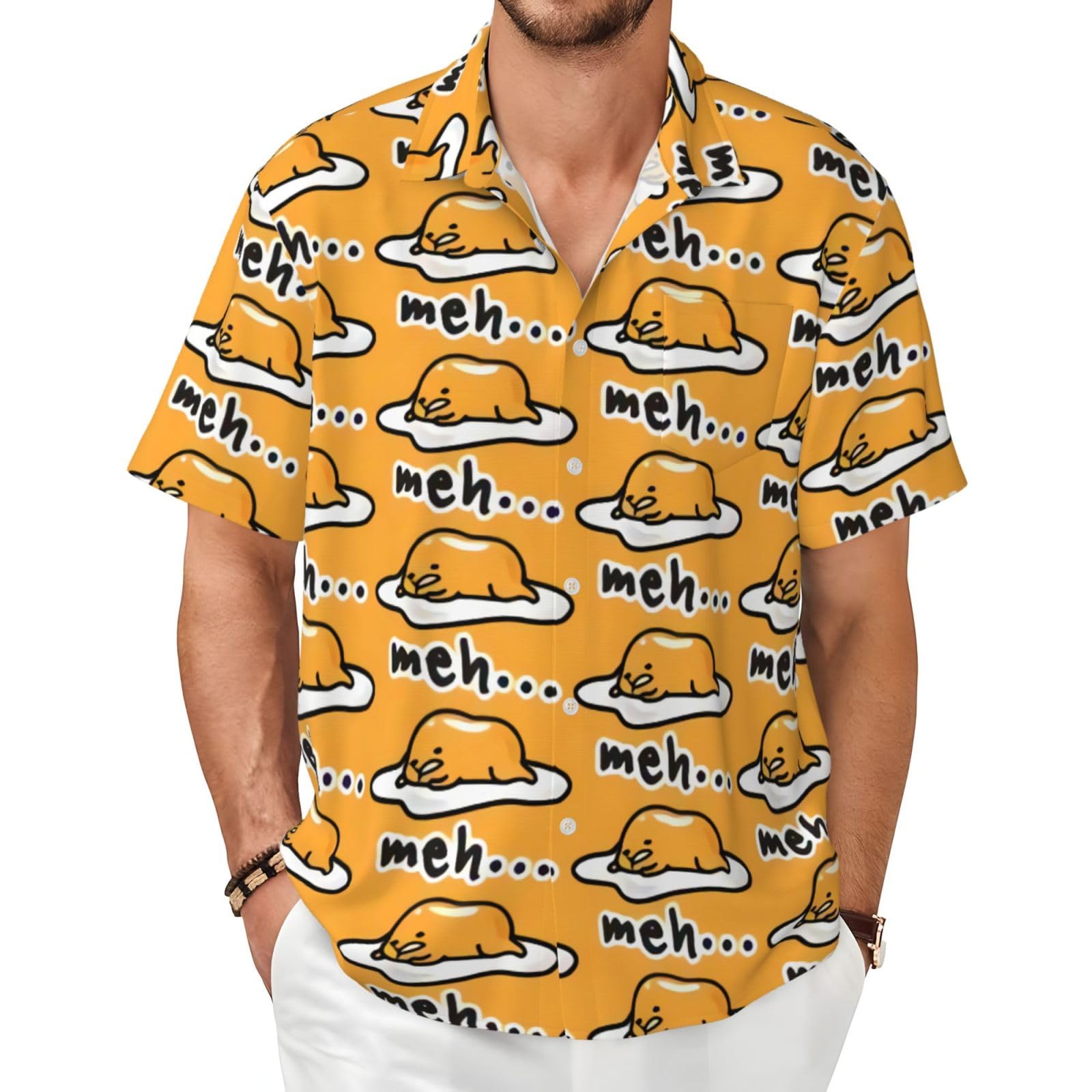 XIAKU Ohio State Gray Men's Shirts Short Sleeve Casual Fashion Polo Button Down Shirt for Men Beach Summer Wedding Pocket, Gudetama Cute, Large