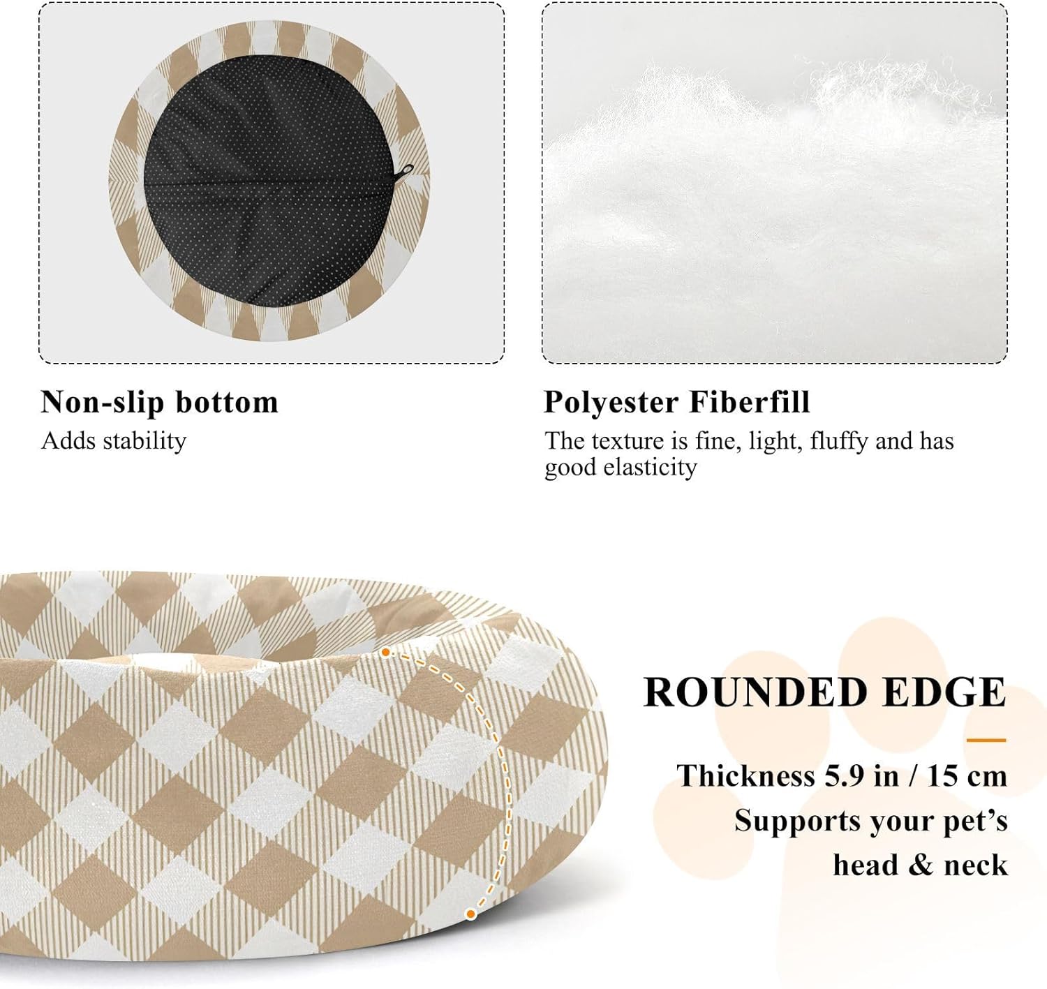 Dog Bed Ultra Soft Fluffy Comfortable Cat Bed, Oat Color Plaid Washable Dog Beds Anti-Slip Round Pet Beds for Medium Dogs