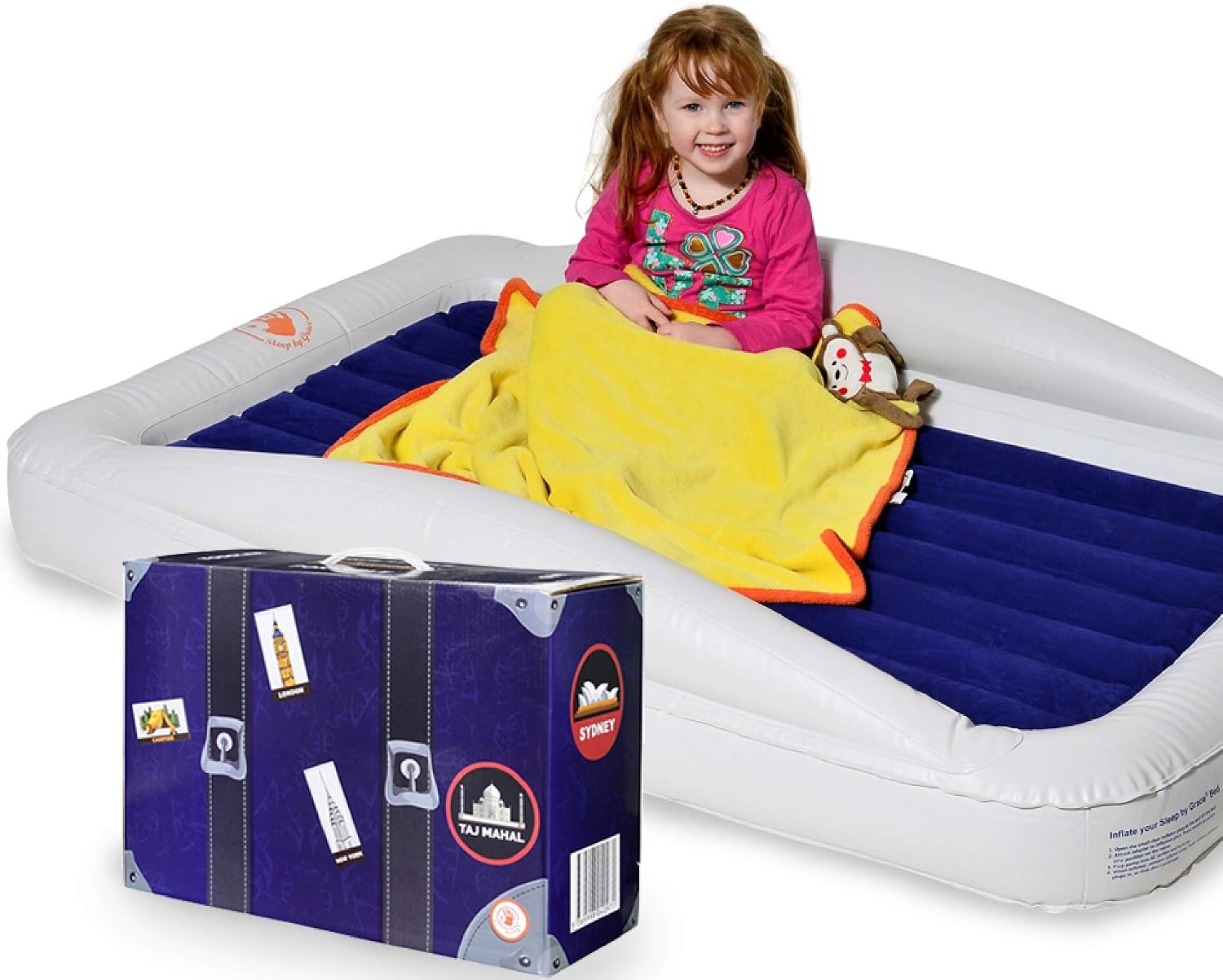 Sleep by Grace Inflatable Toddler Travel Bed with Safety Bumpers | Portable Blow Up Mattress for Kids with Built in Bed Rail
