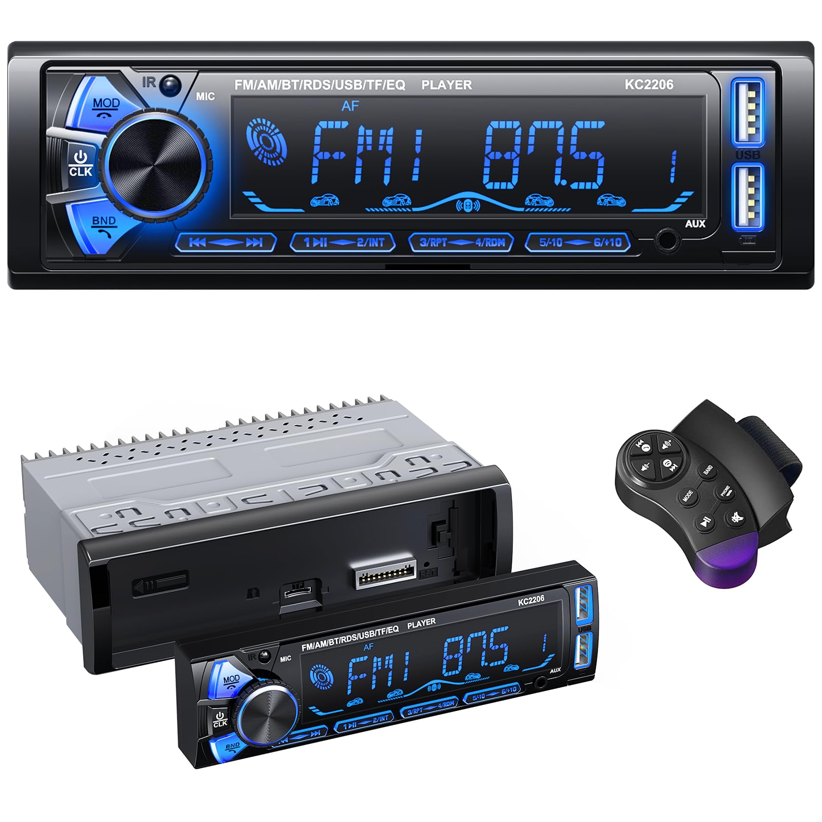 Radio Coche Bluetooth Extraible, Wistrue RDS Autoradio Bluetooth 5.0,FM/Am 1DIN Autoradio Stéreo Soporta MP3/2USB Carga rápida/AUX/SD Compatible con Android y iOS