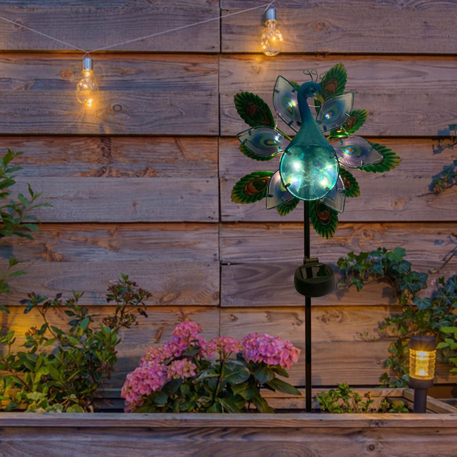 Peacock Wind Spinner Garden Decor, Solar Lighted Pathway Stake Yard Art Spinners, Wind Sculptures Garden Landscape Lights Decorations, Solar Powered Path Lights Kinetic Metal Wind Catcher for Outside