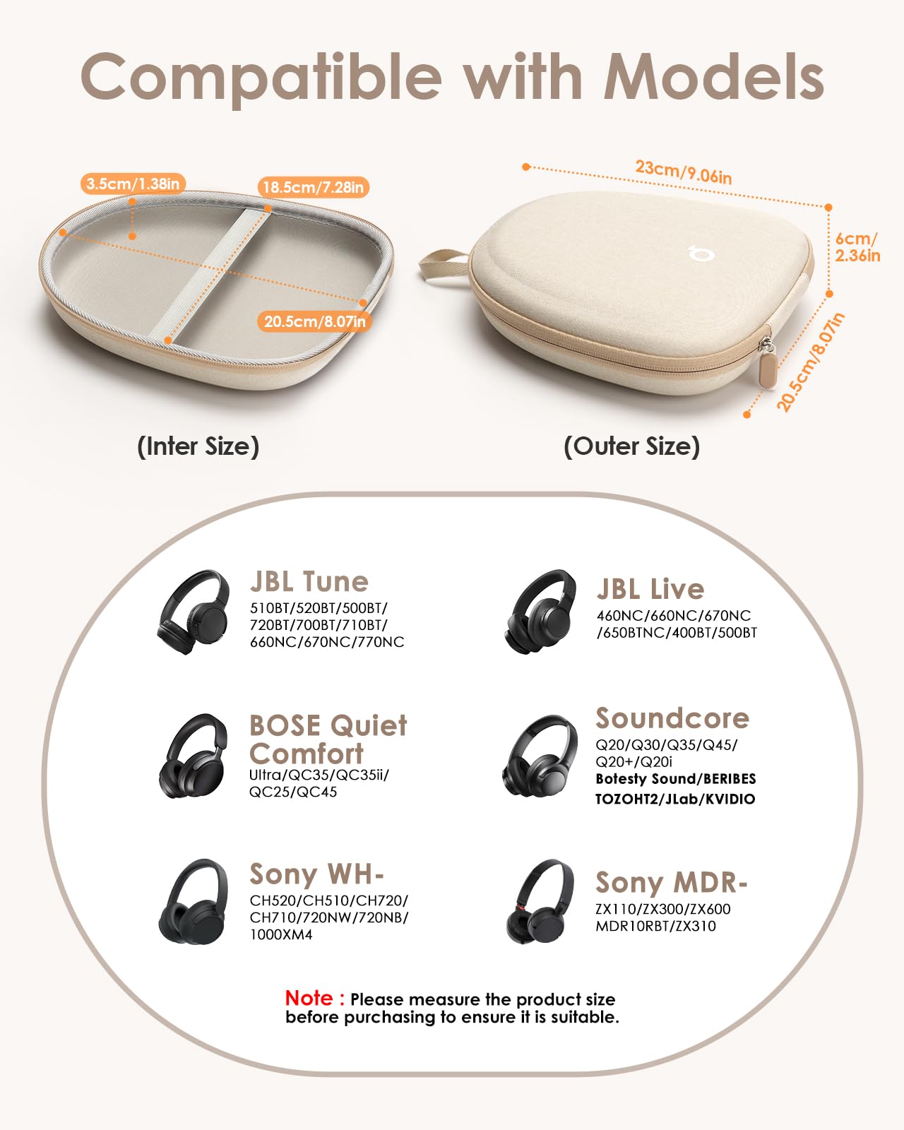 Custodia rigida per cuffie, super sottile, per cuffie Soundcore Anker/Sony/JBL/Bose/Skullcandy Crusher/BERIBES/KVIDIO/TOZO/JLab, borsa organizer da viaggio universale portatile (beige)