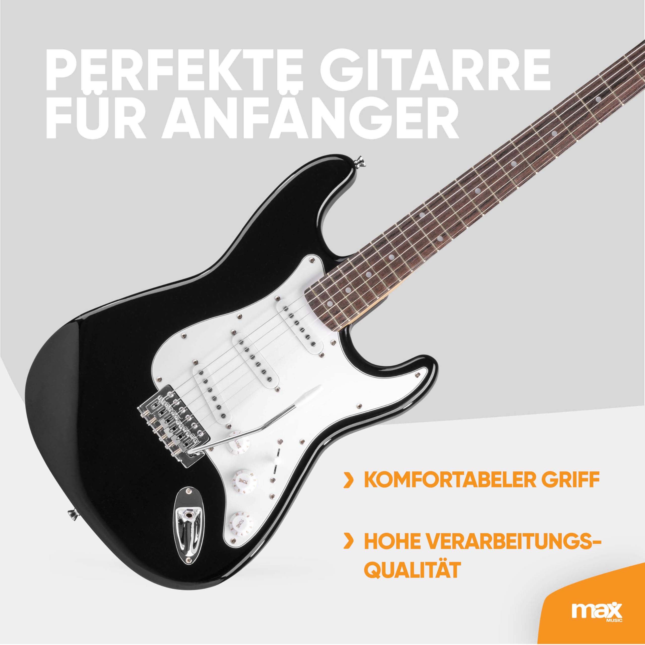 Max GigKit E Gitarre Set, E Guitar, Elektrogitarre mit Verstärker 40 Watt, Gitarrentasche, Plektrum, Gurt, Stimmgerät, Instrumentenkabel, Ersatzsaiten, 4/4, in Schwarz