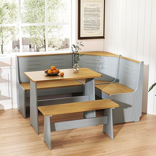 Miniatura 10 de Juego de comedor para rincón de desayuno y cocina, mesa de esquina con banco y silla, diseño en L para ahorrar espacio, 3-4 asientos para el hogar