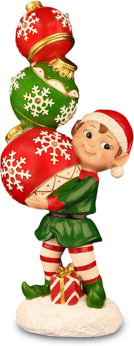 YUETJIN 12" Christmas Elf Figurine with Color-Changing Stacked Ornaments | Fireplaces,dining tables,office holiday displays,Color-Changing LED,Indoor Holiday Tabletop Decoration,Resin