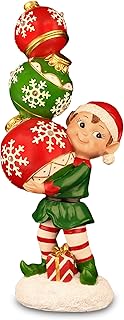 12" Christmas Elf Figurine with Color-Changing LED Stacked Ornaments – Indoor Holiday Tabletop Decoration