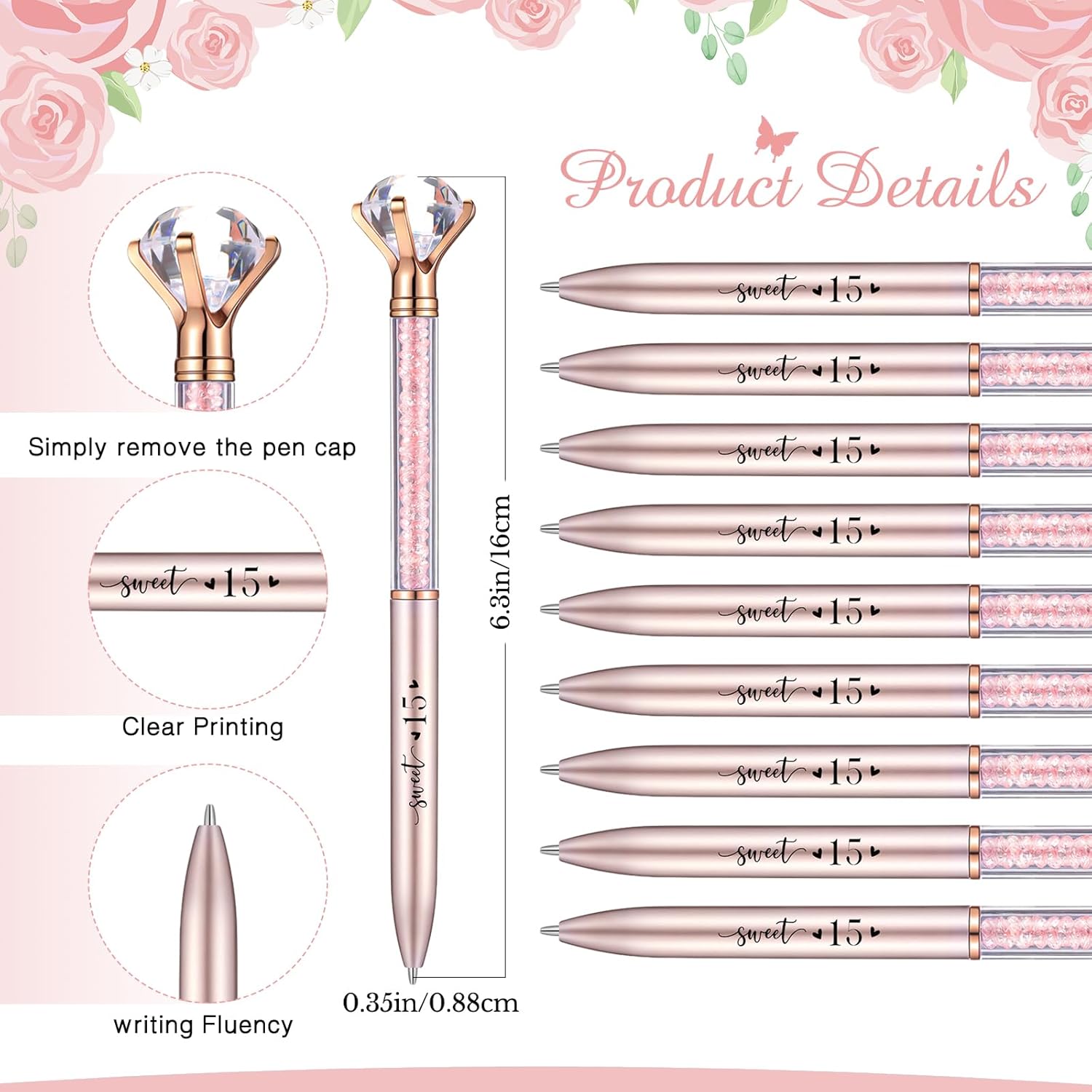 Sayglossy 120 Pcs Quinceanera Party Favors Sweet 15th Thank You Gifts Diamond Pens with Cards Bookmarks Retractable Ballpoint Bling Pens Recuerdos Para 15 Anos Quinceaneras Gifts for Guests(Rose Gold)