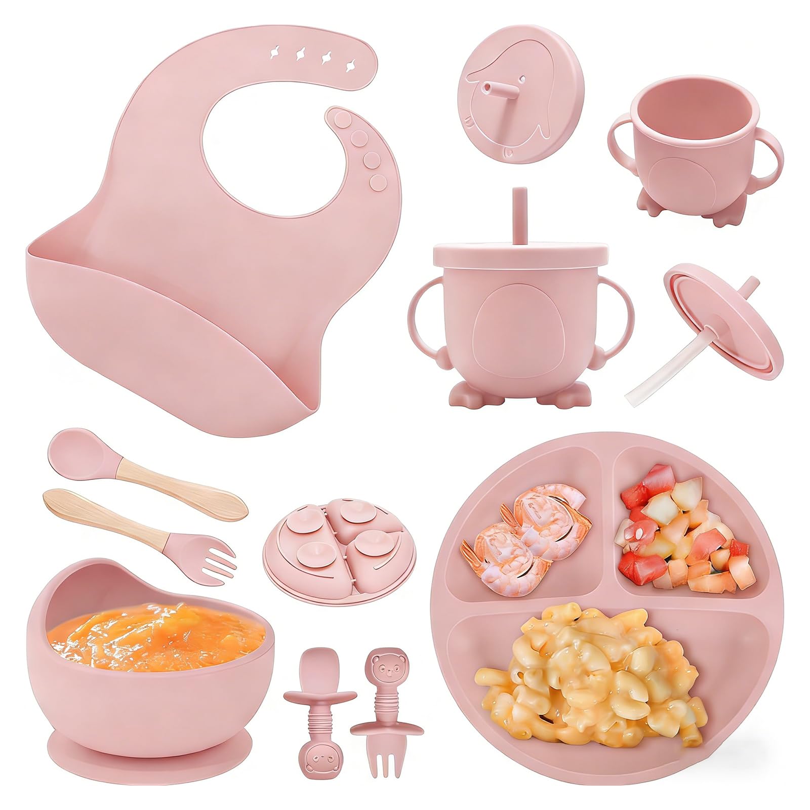 Juego de vajilla infantil de silicona, 8 piezas (plato de bebé con ventosa, cuchara, tenedor, cuenco, babero, vaso), sin BPA, lavavajillas y microondas, azul (rosa)
