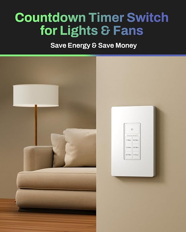 BN-LINK Countdown Timer Switch for Bathroom Fans and Lights, 5-10-15-30-45-60 Min Touch Button Auto Shut Off, Neutral Wire Required, Screwless Wall Plate Included, ETL Listed, White by BN-LINK - Image 9