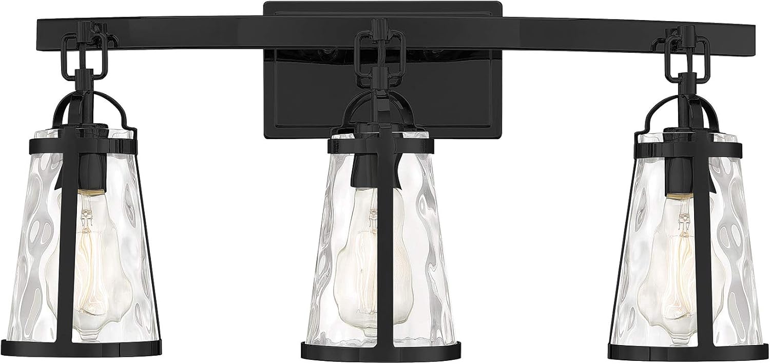 Savoy House 8-560-3-BK Albany Nautical Farmhouse Clear Water Glass Bathroom Vanity Wall Light, 3-Light 180 Total Watts, 11" H x 24" W, Black