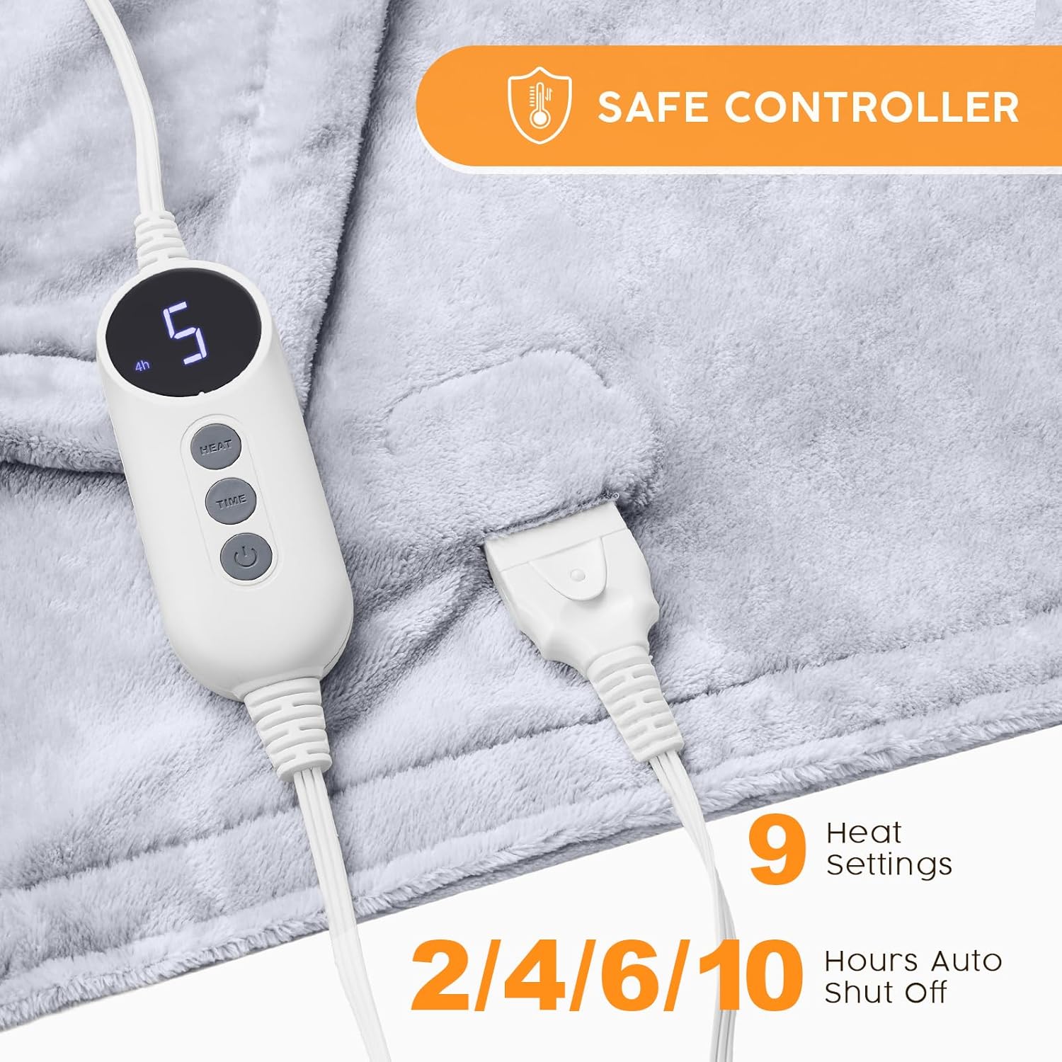 HYLEORY Heated Electric Blanket Throw, 2-Layer Cozy Warm Flannel 50" x 60", Heating Blanket with 9 Heating Levels, 2/4/6/10 Hours Auto Off, Fast Heating Winter Blanket, Light Grey - Image 2