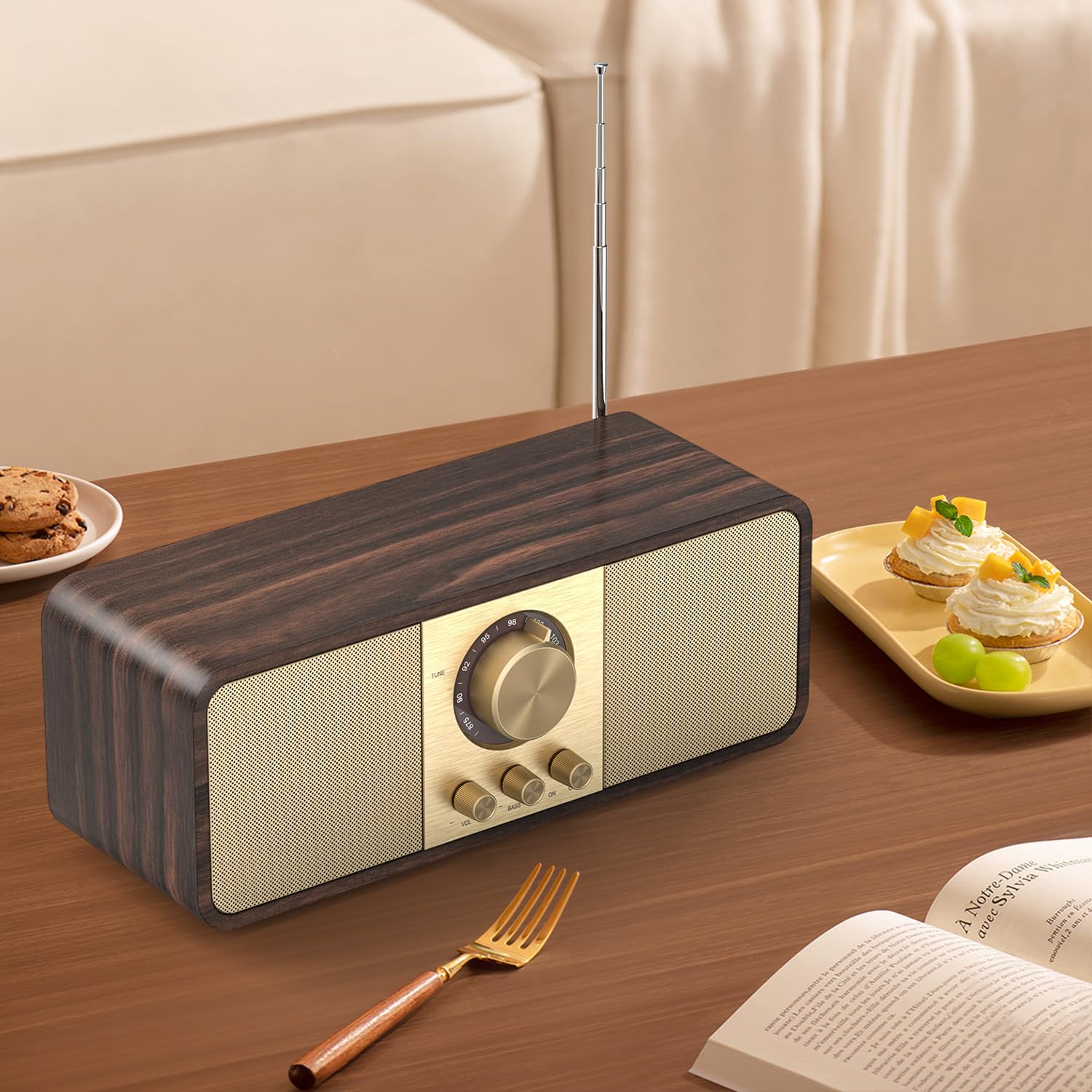 Radio Nostalgia, Radios Retro z Bluetooth i kartą TF, Zasilane Baterią 3000 mAH, z głośnikami Niskotonowymi 2 x 8 W, Radios Retro z AUX/USB, Radio do Kuchni/Sypialni/Biura