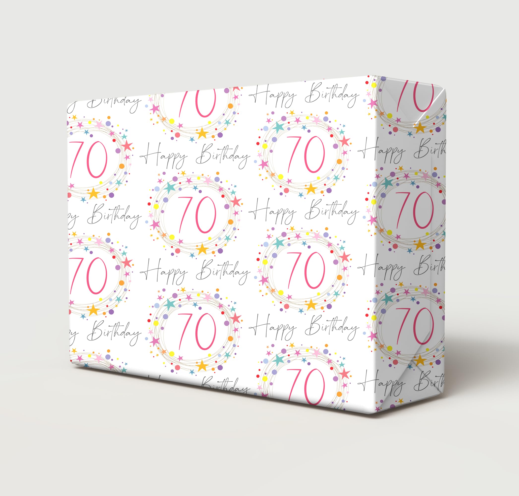 2 Sheets 2 Tags 70th Happy Birthday Colourful Stars Dots and Spiral Design Beautiful Female Wrapping Paper Age 70 Birthday Fun And Attractive Ladies Giftwrap (PA)