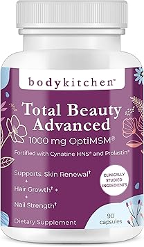 Body Kitchen Total Beauty Advanced, Contains Elastin Peptides, Keratin, Biotin and Hyaluronic Acid, Supports Hair Growth, Skin Renewal, Nail Strength, Veggie Caps, 90 Count
